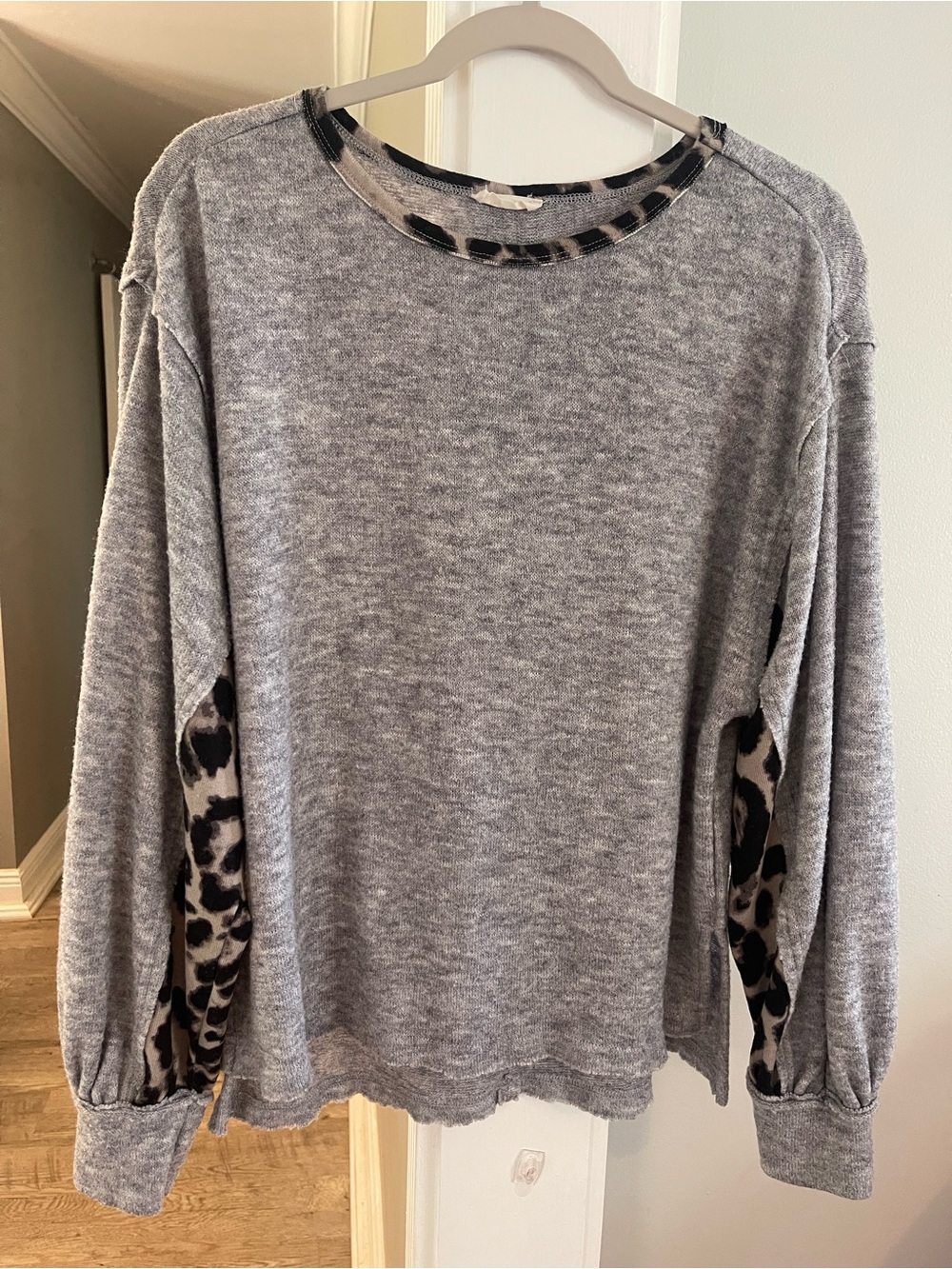 Kori Gray Pullover Sweatshirt with Leopard Accent